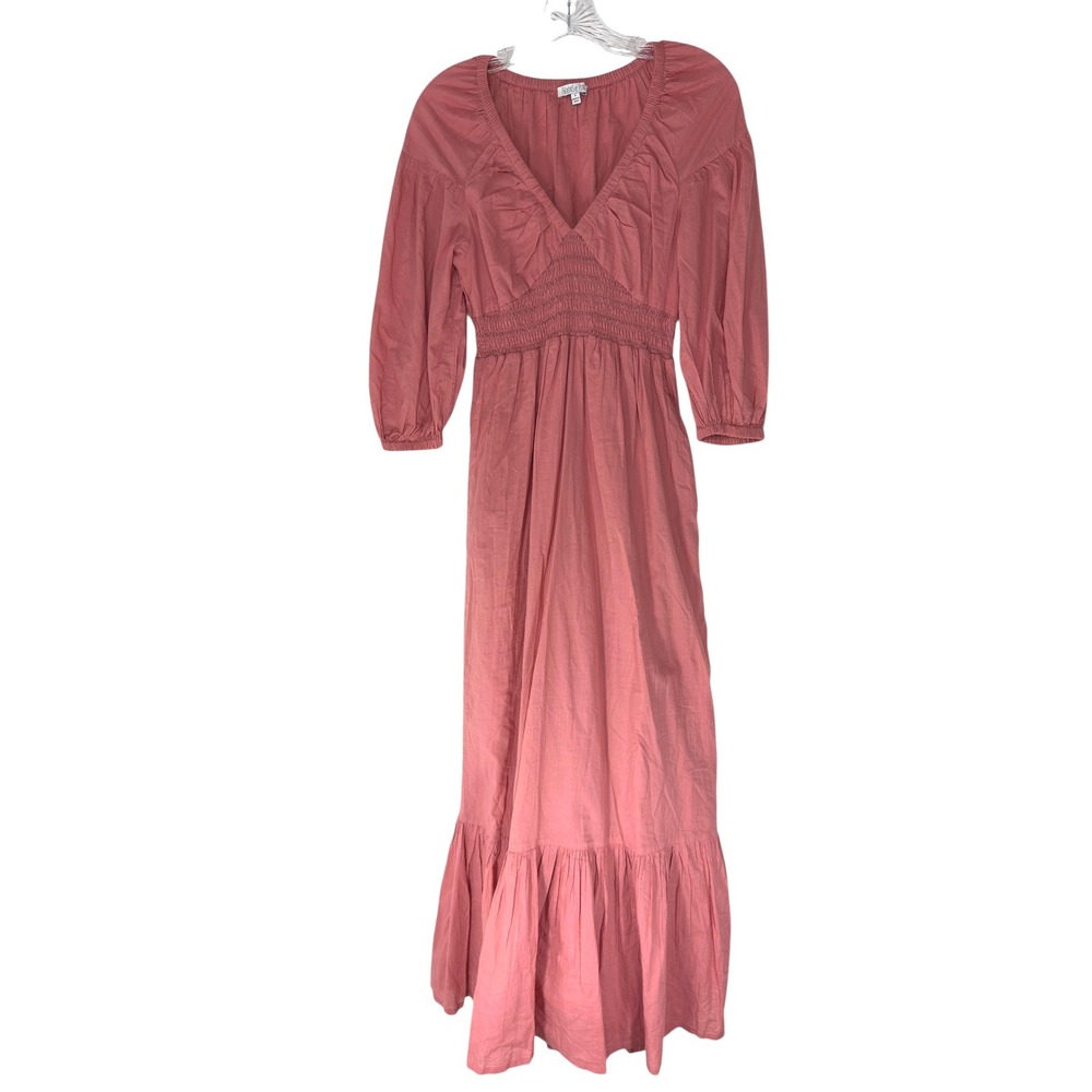 Patrons of Peace Maxi Dress Pink Smocked Cottage V-Neck Ethereal Elegance Small